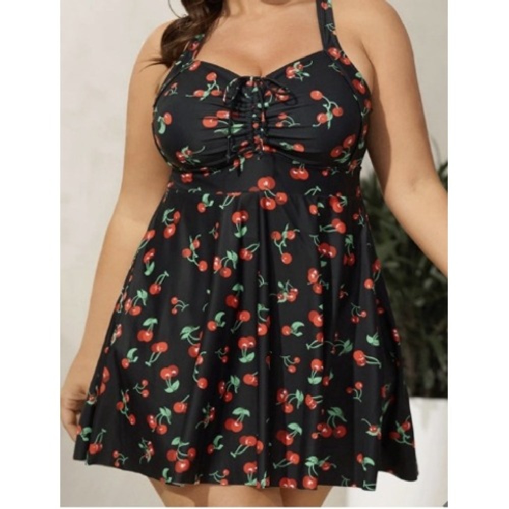 BloomChic Cherry Print Swim Dress Womens 14-16 Black Rockabilly NEW